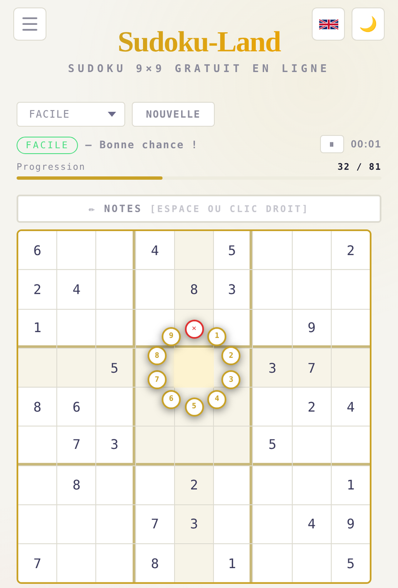 Nouvelle version de Sudoku-Land : grille 9×9 avec le sélecteur en anneau ouvert autour d'une case