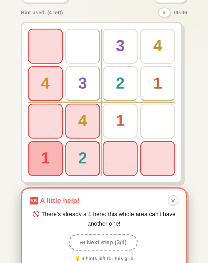 Help panel: search in progress, the cells blocking the number 1 are highlighted in red