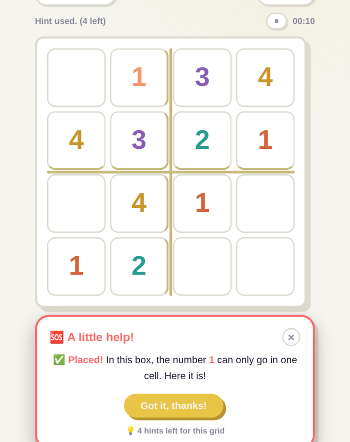 Help panel: the number is placed in the grid, with the Placed! message