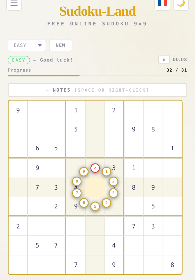The new version of Sudoku-Land: a 9×9 grid with the ring selector open around a cell